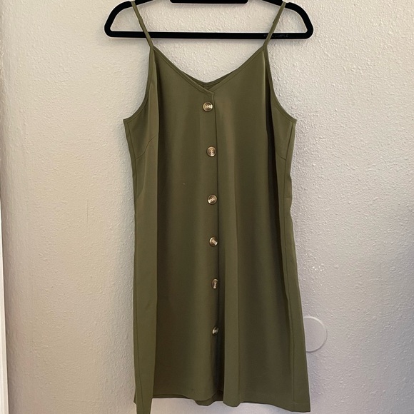 Army Green Spaghetti Strap Mini Dress w/Tortoise Shell Buttons - Picture 2 of 8
